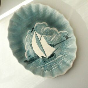 Vintage Hand-Painted Ceramic Plate Blue Nautical Sailboat Art Signed 1977 Decor